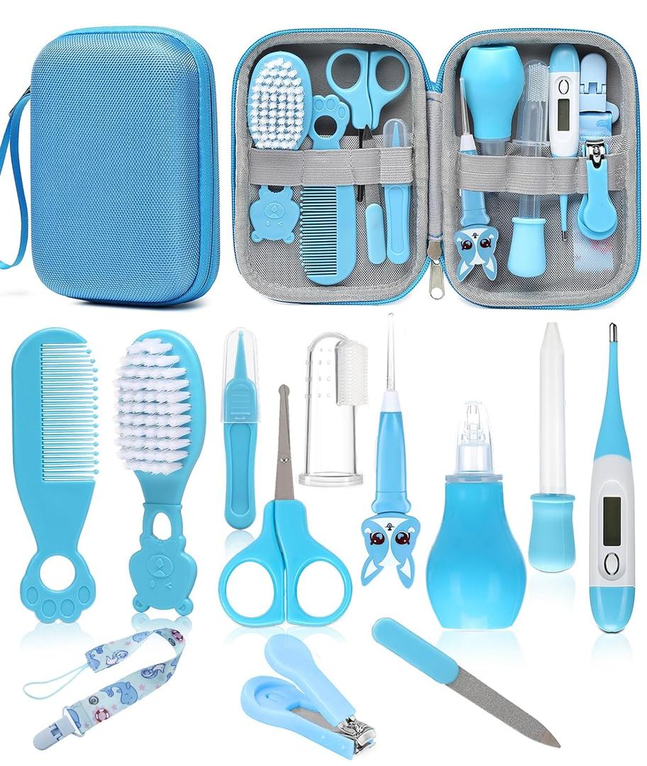 Baby Healthcare and Grooming Kit, Safety Newborn Nursery Baby Care Kit, with Hair Brush Comb, Nail Clipper, Thermometer, Pacifier Clip, Baby Registry Search, Baby Girl Boy Newborn Essentials (Blue)