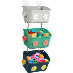 Bath Toy Storage Organizer Basket, 3 Pack Cute Robot Bathtub Shower Toy Organizer, Wall Mounted Hanging Bath Toy Holder with Hooks, for Tub Laundry (3 Pack / Blue,Grey,Green)