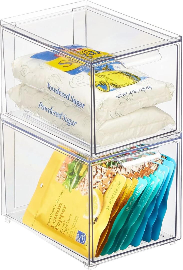 mDesign Kitchen Storage Drawer Box  Plastic Storage Box with Pull-Out Drawer  Pantry, Fridge and Cupboard Storage for Food and Snacks  Pack of 2  Clear