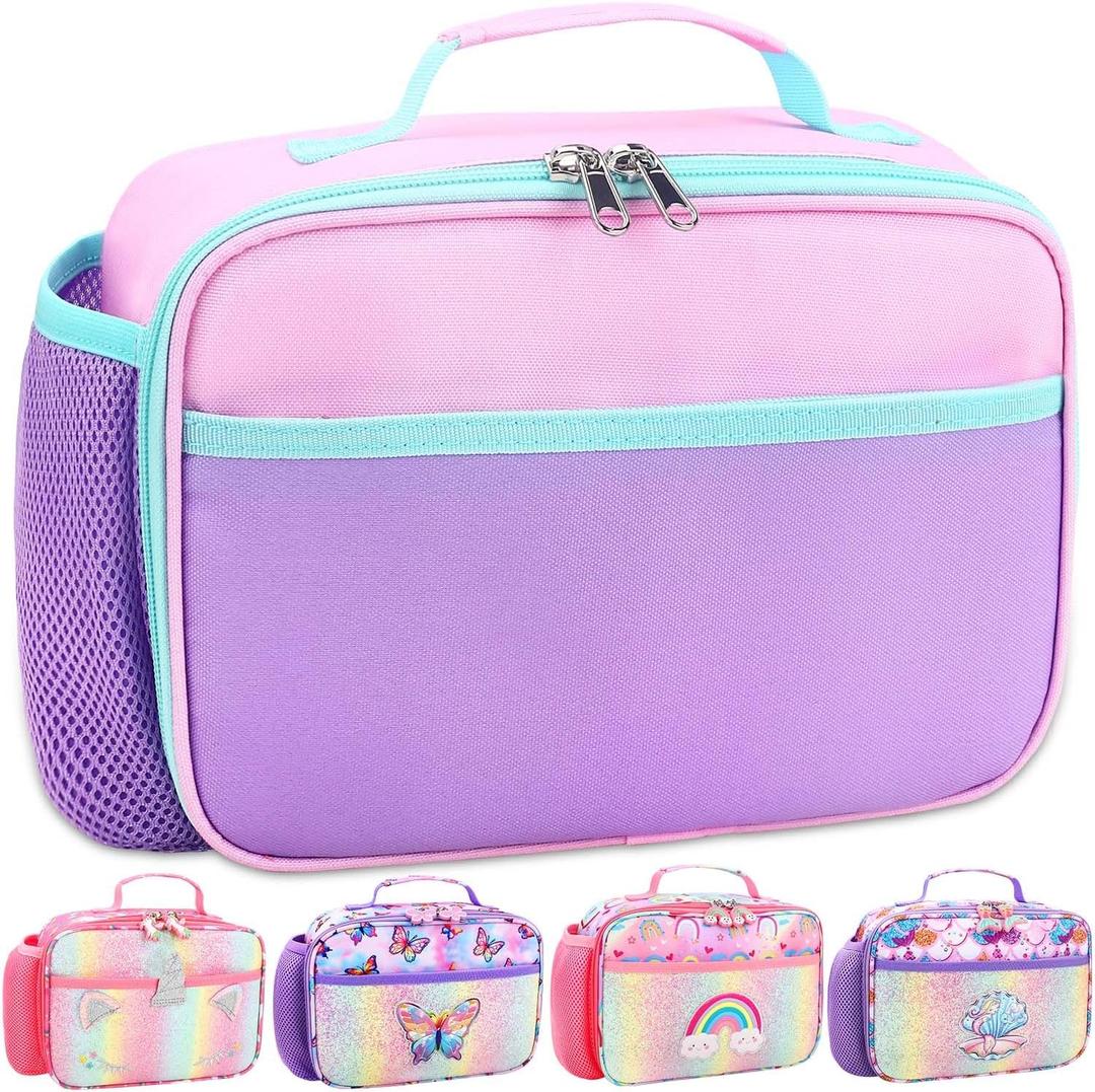 RHCPFOVR Kids Lunch Box for Girls Teens Insulated Lunch Bag Reusable Lunch Tote Kit for School Travel (Pink-Medium Purple)