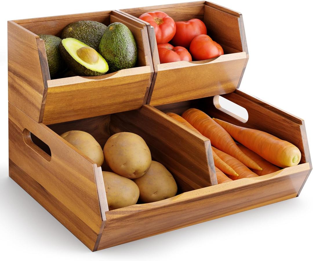 Acacia Wood Pantry Storage Bins - Stackable Open Front Kitchen Baskets with Airflow Vent for Potato, Onion, Fruit, Vegetable, and Bread Storage, Wood Organizer for Pantry and Countertop