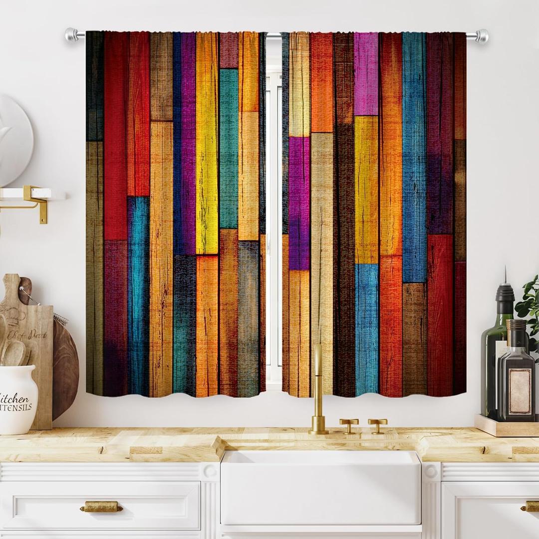 MESHELLY Colorful Farmhouse Rustic Kitchen Curtains 27.5Wx39H Inch Rod Pocket Wooden Barn Door Vintage Western Cabin Country Garage Wood Plank Small Bedroom Living Room Window Drapes Fabric 2 Panels (27.5"W x 39"L (Pack of 2), 01colorful)