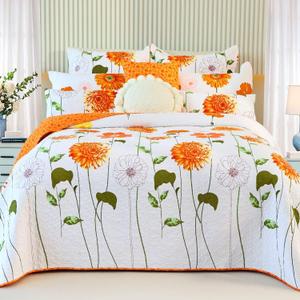 EVENHUG 100% Cotton Quilt King Size Orange Sunflower Bedding Set Floral Lightweight Quilt Reversible Coverlet Bedspread with 2 Pillow Shams All Seasons 3 Pieces (106X96)