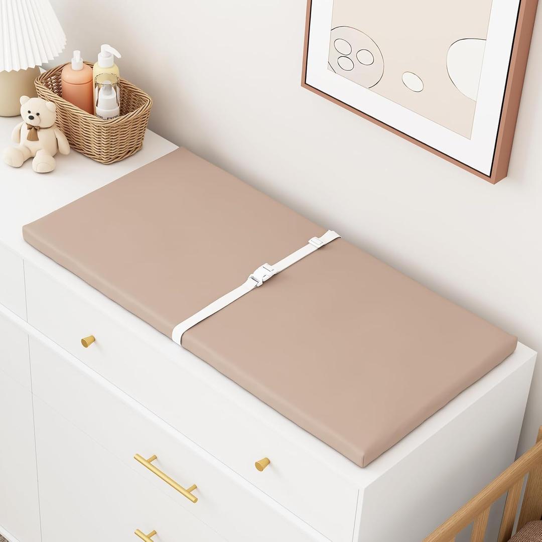 YACODAVO Wipeable Baby Changing Pad for Dresser and Table, Cozy Diaper Changing Pad with Waterproof & Wipe-Clean Leather Cover, Standard Size (31.5" L x 15.8" W), Light Brown