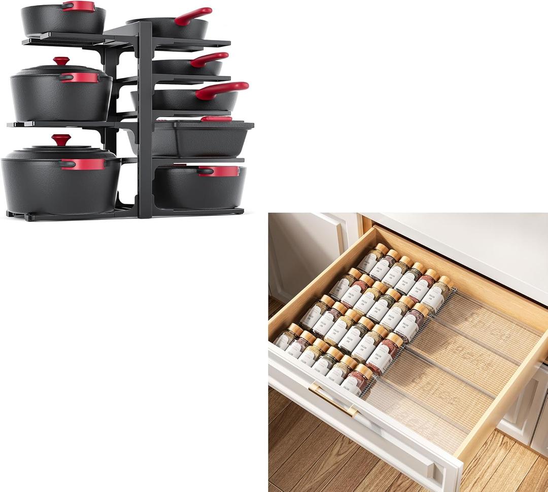 MUDEELA 8-Tier Heavy Duty Adjustable Pan Organizer Rack and 4 Tier- 4 Pack Spice Drawer Organizer Bundle
