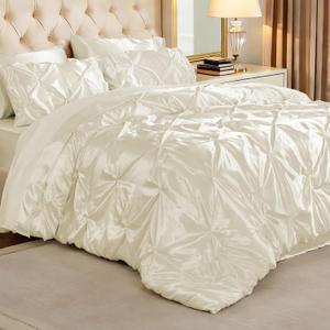 BEDELITE Satin Comforter Set King, 7 PCS Pintuck Bed in A Bag, Ivory White | Smooth and Soft Silky Bed Set, Elegant Room Decor, 15" Deep Pocket, Durable Elastic Corner Straps, Gentle on Hair and Skin