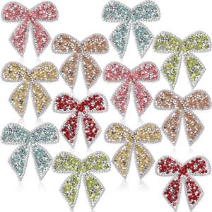 12 Pieces Bow Knot Rhinestone Patches Sparkling Crystal Appliques Iron Sew on for Jeans Jackets Bags Backpacks Hats Shoes Clothes Decorations Crafts(Mixed Colors)
