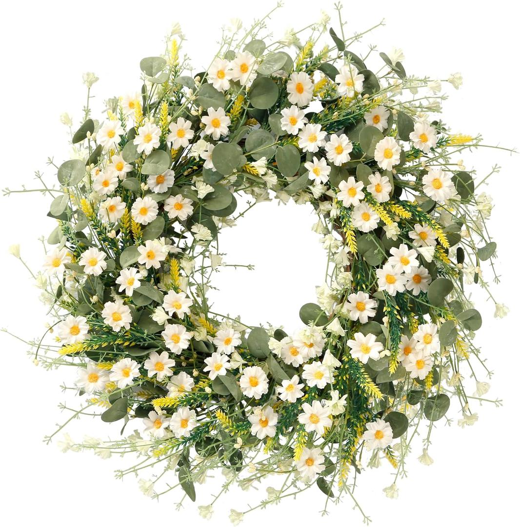 Sggvecsy White Daisy Wreath 24 Inch with Fake Silk Floral Green Eucalyptus Leaves and Lavender for Spring Summer Front Door Window Wall Wedding Farmhouse Festival Decor