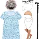 EBYTOP 2023 Girls Old Lady Costume Kit with Nightgown Wig Cane & Other Halloween Cosplay Accessories (Small(5-7yr))