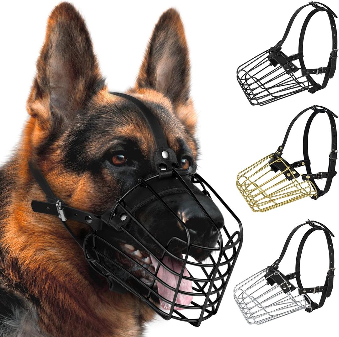German Shepherd Dog Muzzle Metal Basket for Medium Large Dogs Adjustable Durable Leather Straps Secure Wire Mask for Biting Chewing Barking (M - Size)
