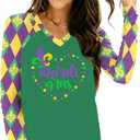Mardi Gras Long Sleeve Shirt for Women Mardi Gras V Neck T-Shirts Fat Tuesday Tee Heart Tops (X-Large, Green)