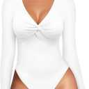 MANGOPOP Bodysuits for Women Deep V Neck Twist Knot Fitted Long Sleeve Bodysuit Basic Tops Casual T Shirts (Medium)