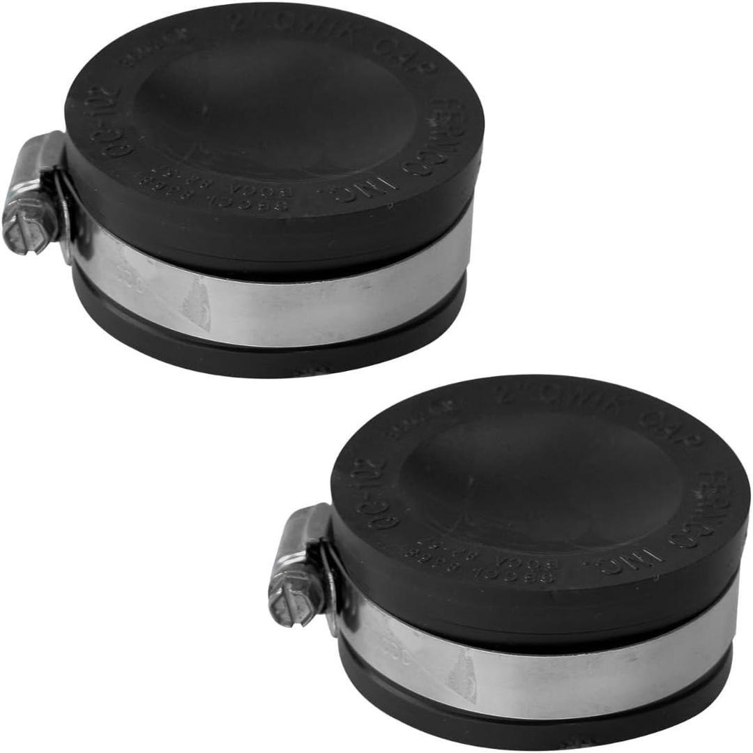 Fernco QC-102 2 Pack 2-in. Qwik Cap Flexible PVC Pipe Cap with Stainless Steel Clamps, Black