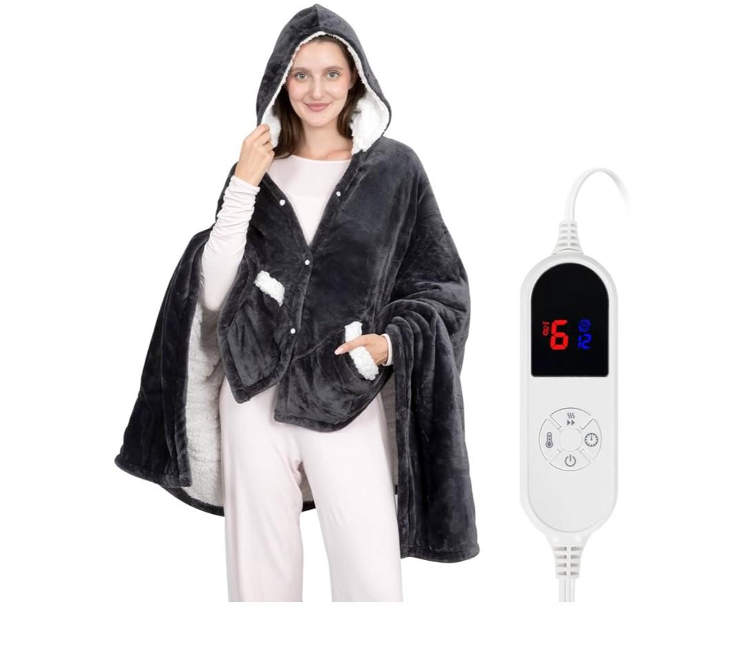 HOW'S MY HOUSE Wearable Heated Throw Blanket, 40"x70" Electric Heated Wrap Poncho Shawl & Hoodies with Pockets, 6 Heating Levels & 12-Hours Timer, Machine Washable with ETL Certification, Dark Grey