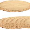 Thanksgiving Placemats Set of 8 Decorations, Burlap Round Place Mats Table Decor - Boho Natural Jute with Fringe Table Mats for Thanksgiving Party, Rustic Farmhouse Table Indoor & Outdoor