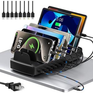 510W Fast Charging Station for Multiple Devices, 10 Port USB C Charger Station with Flame-Retardant Material & 8 Cables for iPhone, Android, iPad, Tablets, Family Office Desk Charging Dock Organizer