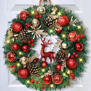 Christmas Wreath - 16" Christmas Wreaths for Front Door Red Christmas Reindeer Balls Berries Pine Cones Pine Needles Door Wreath for Home Wall Window Porch Indoor Outdoor Decor
