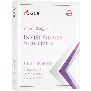 A-SUB Heavyweight Glossy Photo Paper 8.5 x 11 Inch 61lb 230GSM Thick Photo Printer Paper for DIY Cards Calendars for Inkjet Printers 100 Sheets