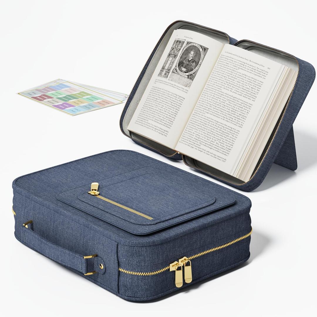 ABC life Bible Cover Case for Women & Men, Denim Material with Support Board, Multi-Pocket Organizer, Smooth Zipper & Separate Handle, 11"x8"x3" Large Size Bible Bag for Bible Study, Church, Gift