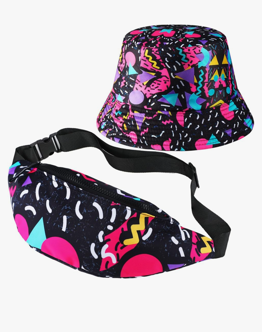JenPen 2 Pcs 80s 90s Fanny Pack Bucket Hats Set for Men Women Retro Accessories for Summer Sports Party