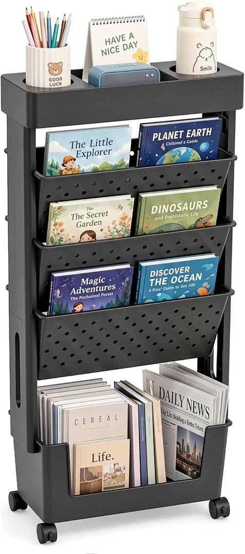 BYFU 5-Tier Movable Bookshelf Cart, Rolling File Paper Storage Organizer Mobile Bookcase with Wheels for Home Office Study Classroom, Black