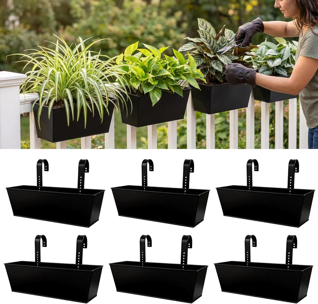 LaLaGreen Rail Planter (16 Inch, 6 Pack) Rectangular Metal Metal Hanging Flower Pots Railing Fence Balcony Gardening for Apartment Patio Planters Garden Style Iron Outdoor Deck Decoration Porch Decor