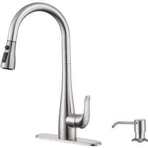 Kitchen Faucet with Soap Dispenser and Pull Down Sprayer - Stainless Steel Single Handle Kitchen Sink Faucet, 1 or 3 Hole Design for Modern Farmhouse Kitchens, Rv, and Bar Sinks(Brushed Nickel)