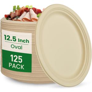 12.5 Inch Compostable Oval Plates [125-Value Pack] - Sustainable and Heavy-Duty Compostable Paper Plates, Natural Sugarcane Bagasse Biodegradable Plate, Natural Brown