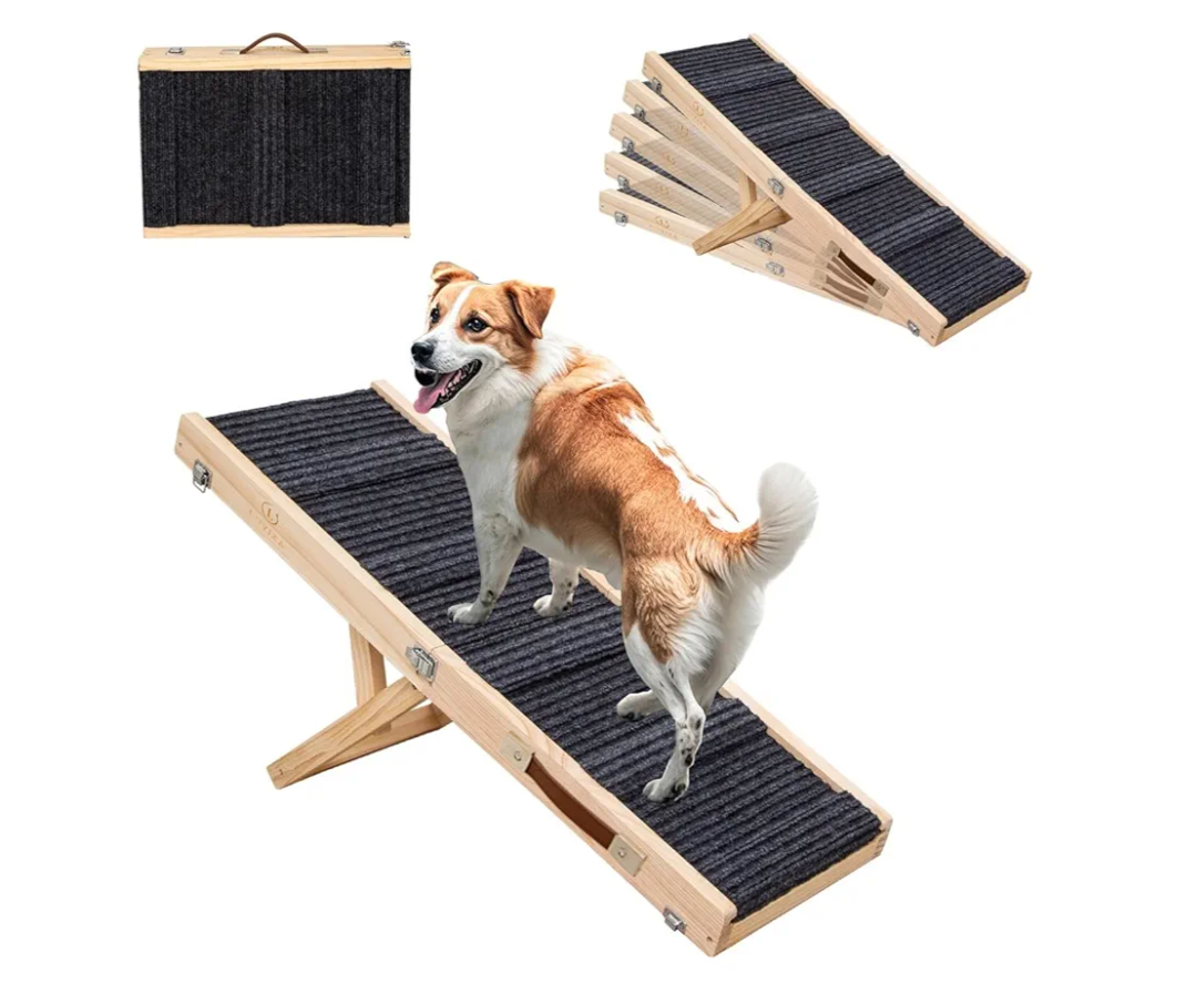 2025 Upgraded Adjustable Dog Ramp 34.65" Foldable Wooden Pet Ramp with 5 Heights 10-19.5" – Non-Slip Carpet & Carry Handle for Bed, Couch, Car, and Outdoor Use
