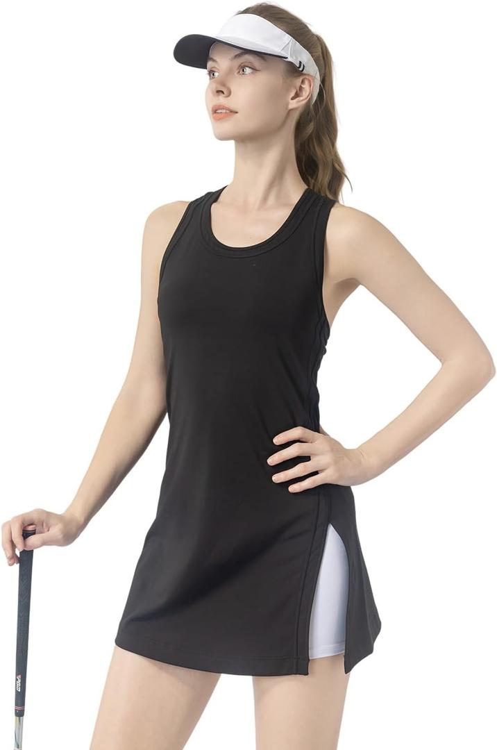 Womens Tennis Dress Athletic Dress with Built-in Shorts Pockets-Golf Workout Adjustable Straps Summer for Women Outfits (Black, L)