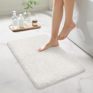 White Bathroom Rugs Non Slip 24"x16", Absorbent Bath Mats Quick Dry, Shaggy Microfiber Bath Rugs, Extra Soft Plush, Machine Washable Bath Mats for Bathroom Floor, Tub and Shower