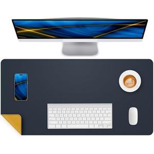 CEBOWA 2 Dual-Sided Leather Desk Pad Protector- Non-Slip PU Desk Mat, Small Waterproof Office Blotter for Keyboard & Mouse | Desktop Mat | Home Office Accessories (23.6"x13.8",Yellow Blue)