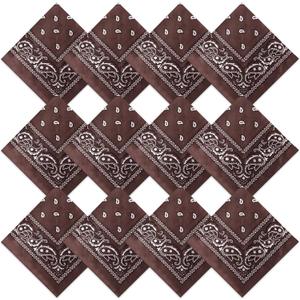 Suhine 12 Pcs Bandanas Bulk for Women Men 22 x 22 Inch Paisley Headband Cowboy Handkerchief Summer Beach Party Costume (Coffee)