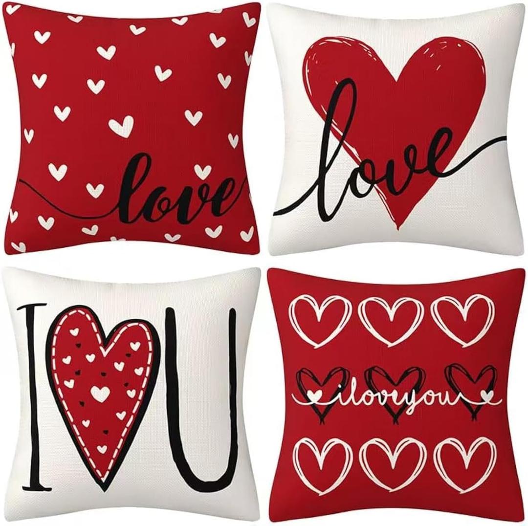 Hongsome Valentines Day Decor-Throw Pillow Covers 18x18 in Set of 4,Valentine Linen Pillow Case with Red Heart Love You More for Large Couch Sofa Home Indoor Outdoor Holiday Decorations
