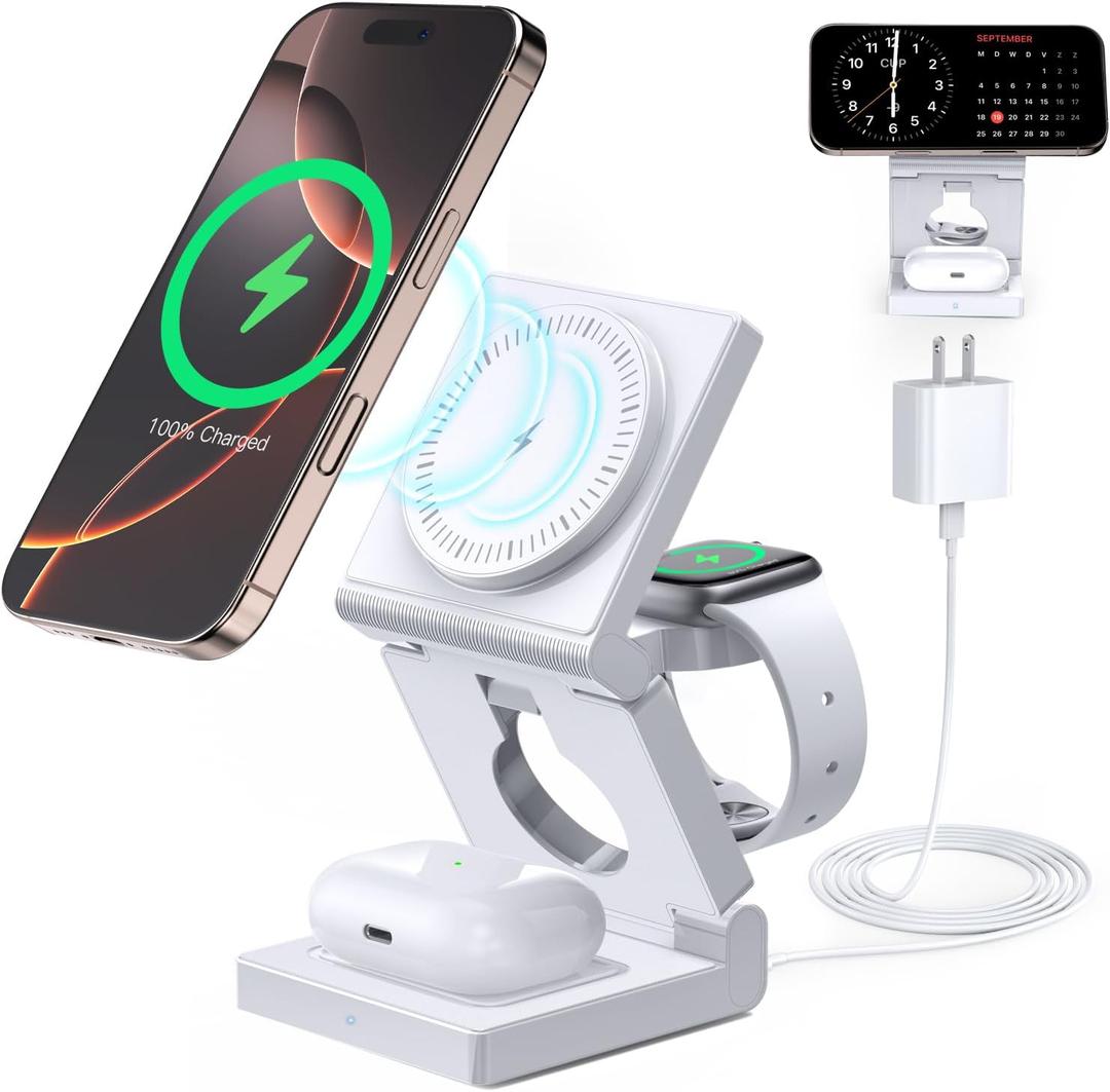 3 in 1 Wireless Charging Station for Apple Multiple Devices - Foldable Magnetic Wireless Charger Dock -Travel 18W Charging Pad for iPhone 17 16 15 14 13 12 Pro/Pro Max/Plus/Watch & Airpods All Series (White)