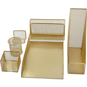Martha Stewart Ryder Gold Mesh Metal 6 Piece Set Desktop Organizers and Accessories, Holds Files, Magazines, Letters, Pens, Sticky Notes and Business Cards