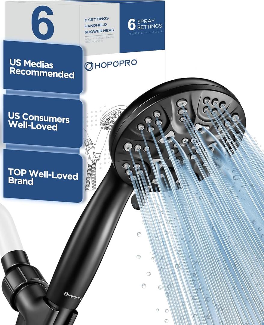 6-Mode High Pressure Handheld Shower Head Set, Consumer Reports Recommended HOPOPRO High Flow Hand Held Showerhead with 59 Inch Hose Bracket Teflon Tape Rubber Washers (Matte Black)