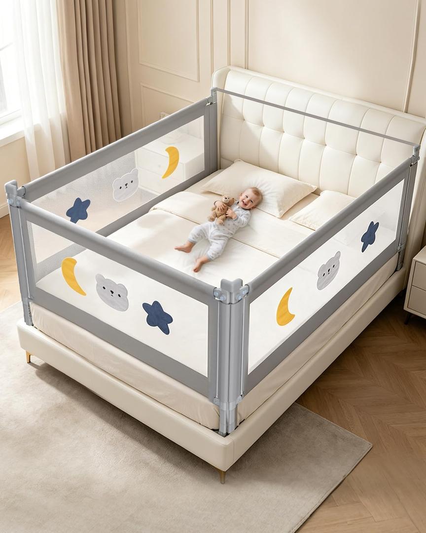 Queen Size Bed Guard Rail for Toddlers 3 Pack with Headboard Rod, 3-Side Queen Size