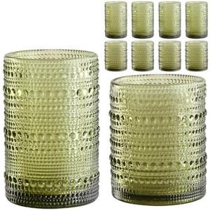 ZMOWIPDL Vintage Hobnail Drinking Glasses Set of 8,Green 12 oz & 15oz Highball Glass Cups, Kitchen Drinkware Glassware,Embossed Water Tumbler,for Beer,Cocktail,Whiskey,Juice and Various Mixed Drinks
