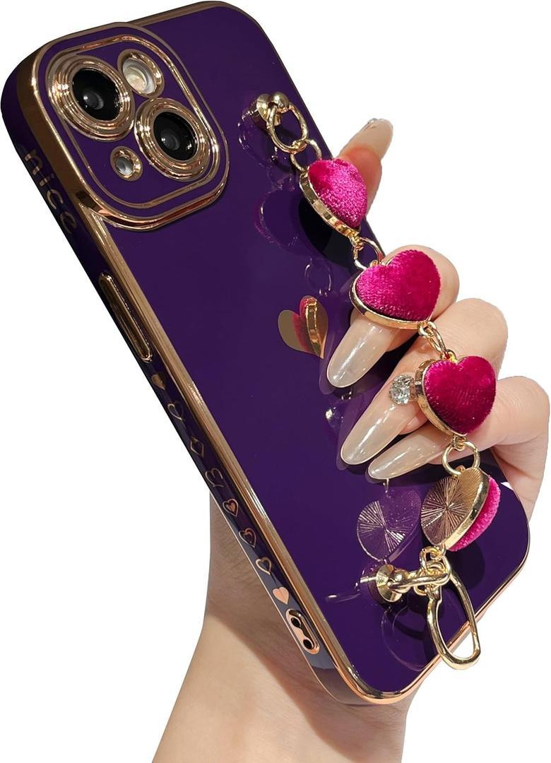 Caseative for iPhone 15 Case,Cute Plating Love Heart Wrist Strap Chain Bracelet Phone Case (Purple)