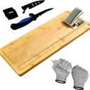 18" Bamboo Fish Cleaning Board Kit Anti-slip Fish Cutting Board Set Fish Filet Board with Scale Fish Measure Board Include Fish Fillet Knife, Clamp, Sharpener,Gloves, Fisherman Gifts