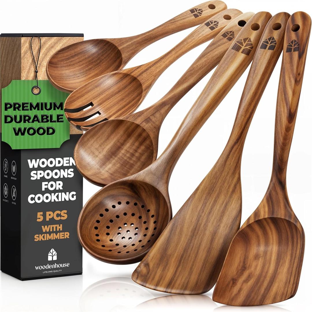 Wooden Spoons for Cooking Wooden Kitchen Utensils Set, 5 Pcs Teak Wood Utensil Set Comfortable Grip NonStick Wooden Cooking Utensils