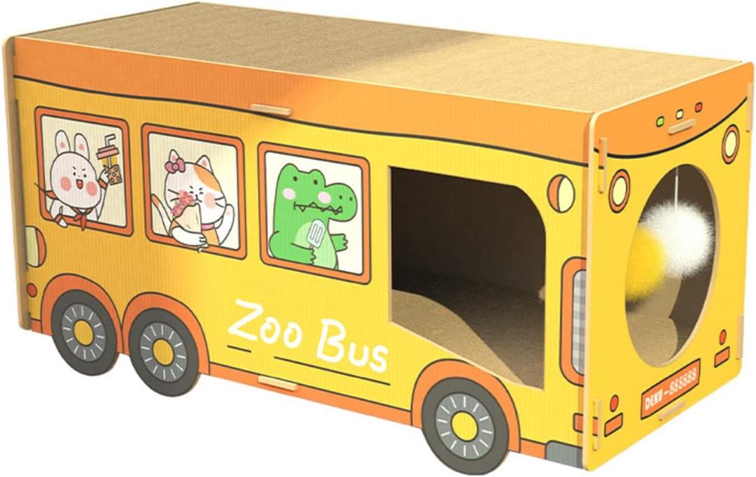 SHENGOCASE Wooden Jumbo 26.4" x 11.8" Extra Large Bus Shaped Cat Scratcher House for Maine Coon, Cardboard Cat House with Scratching Pad