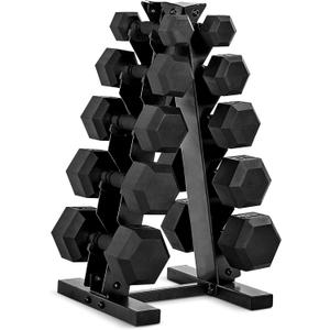 CAP Barbell Rubber Coated Hex Dumbbell Set with Storage Rack |  Options, Space-Saving Vertical Compact Storage for Home Gym Strength Training, Size: 150 lb - Set, Style: Black Handle