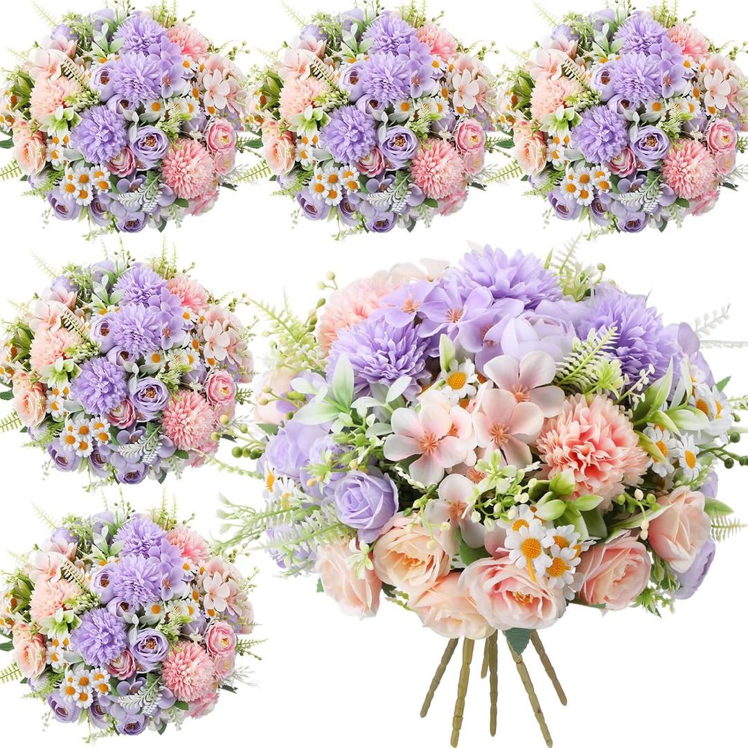 Tigeen 6 Bundles Artificial Bouquet Flowers Artificial Peonies Faux Roses Hydrangea Flowers Bouquet for Wedding Table Centerpiece Floral Vase Decor (Pink,Purple)