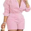 pnahip Women 2 Piece Stripe Outfits 2024 Summer Casual Long Sleeve Button Down Blouse and Shorts Lounge Set Tracksuit, Pink, L