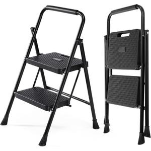 DUMOS Step Ladder, 2 Sturdy Step Stool with Anti-Slip Pedal & Comfortable Handrail, Portable Heavy Duty Step Stool for Kitchen, Garage & Outdoor Use, 800 Lbs, Black
