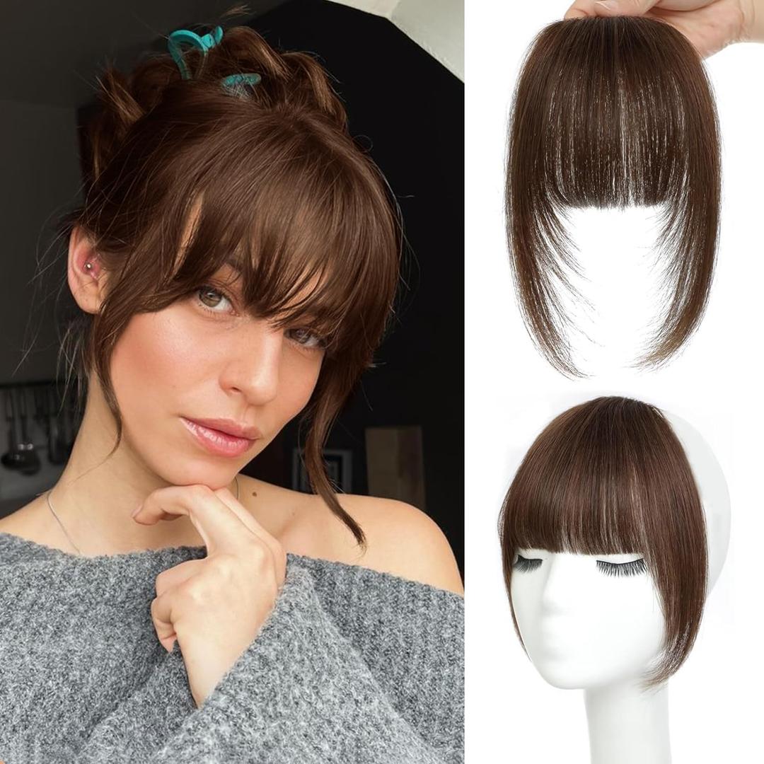 NAYOO French Bangs Hair Clip -Medium Brown 100% Real Human Hair Clip in Bangs for Women Fringe with Temples Hairpieces for Daily Wear (Medium Brown)