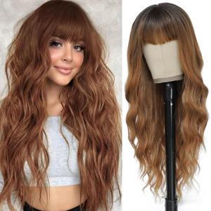 Ombre Brown Wig with Bangs for Women Long Ombre Brown Wavy Wigs 26 Inch Brown Wigs Natural Looking Heat Resistant Synthetic Wig for Daily Party Use
