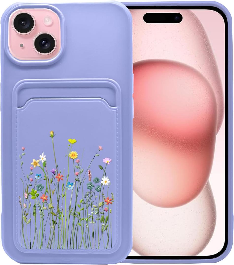 Unov Case Compatible with iPhone 15 Plus iPhone 14 Plus 5G Soft TPU Slim Protective Case with Flower Floral Bouquet Girly Card Holder Back Cover Case Mouve Purple